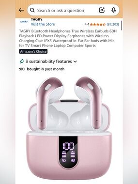 Tagry Pink Wireless Earbuds With Case & Charging Cord